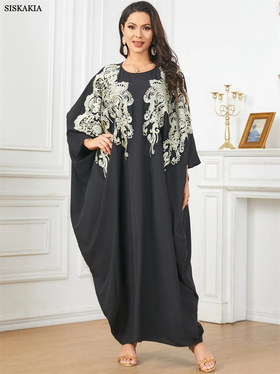 Siskakia Casual Appliques Batwing Sleeve Saudi Moroccan Homewear Muslim African Women Dresses Turkish Gulf Kaftan Islam Clothing