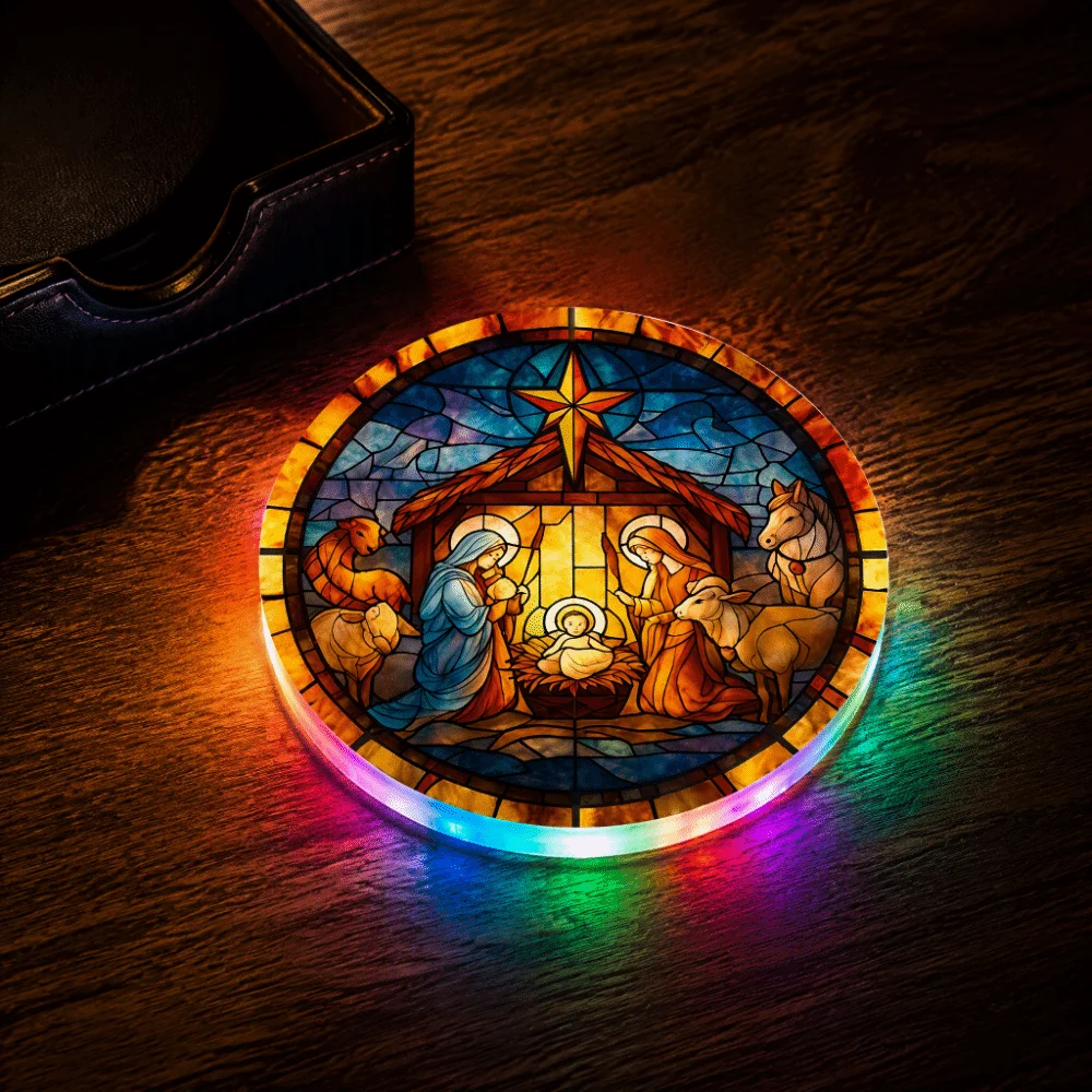 Round Acrylic LED Glowing Coaster Christian Transparent Religious Nativity Cup Pad Waterproof 2D Flat Religious Figure Coaster