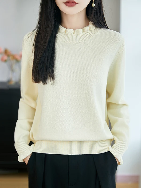 Thickened Pure Cotton Knitted Sweater Women's Loose Lazy Style Half High Collar Spring Fashion Casual Wind Wooden  Ear Sw...