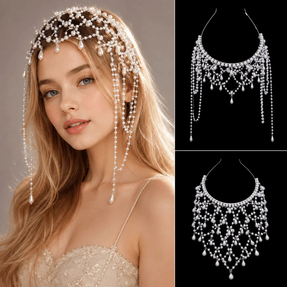 Handmade Imitation Pearls Bridal Head Chain Tassel Dangling Fringe Wedding Headpiece Waterdrop Beaded Multi-Layer