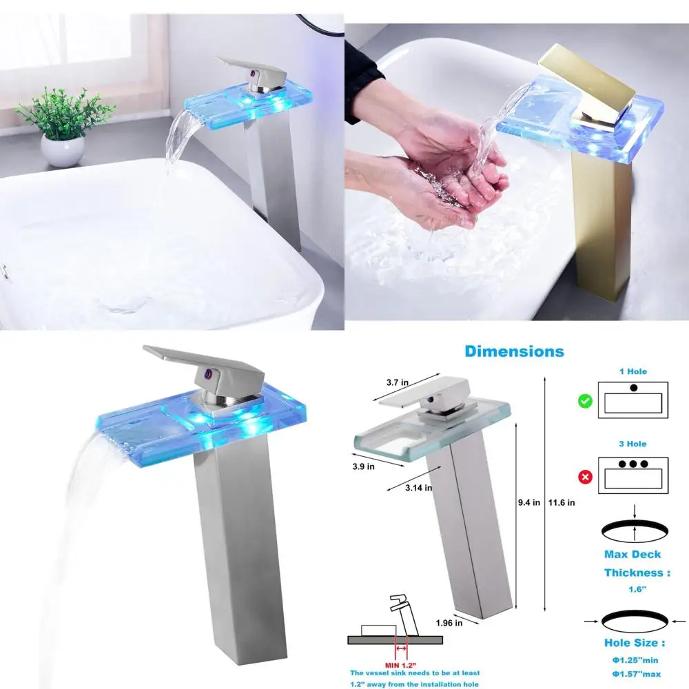 

Single Handle Brass Waterfall Faucet with Glass Spout for Tall Vessel Sink, 1 Hole and 2 Supply Lines