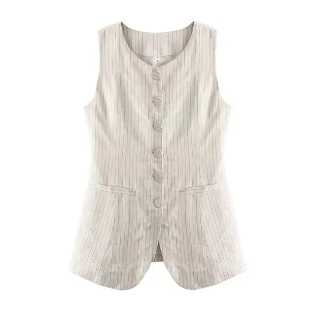 

New Female 2024 Spring Fashion Striped Sleeveless Office Lady Vest Elegant Round Neck Single Breasted With Pockets Causal Top