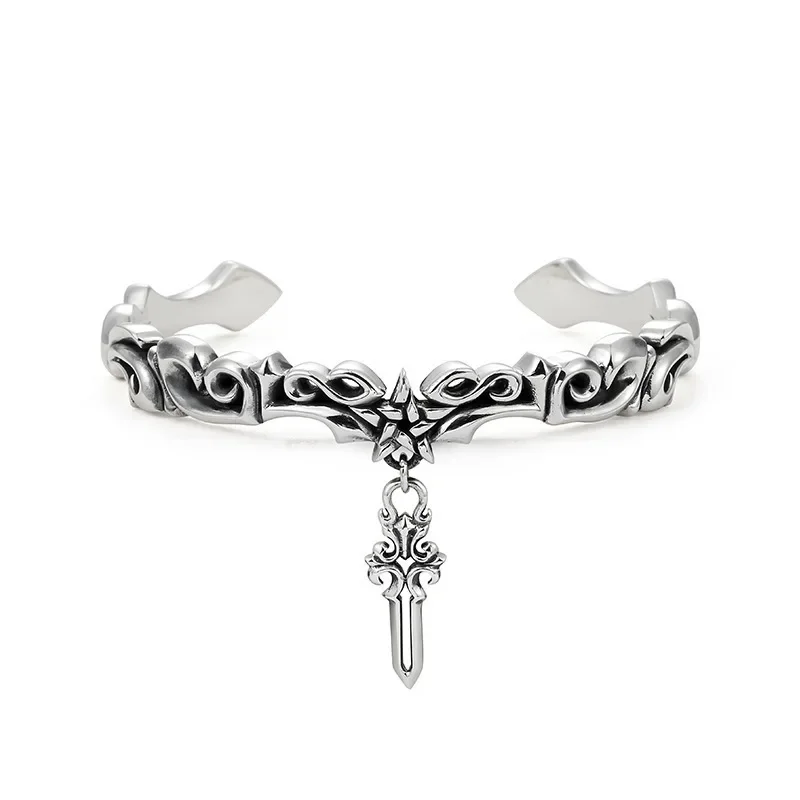 925 Sterling Silver Vine Bracelet Men Retro Trend Pentagram Cross Bangle Thai Silver Fine Men's Jewellery Party Gift