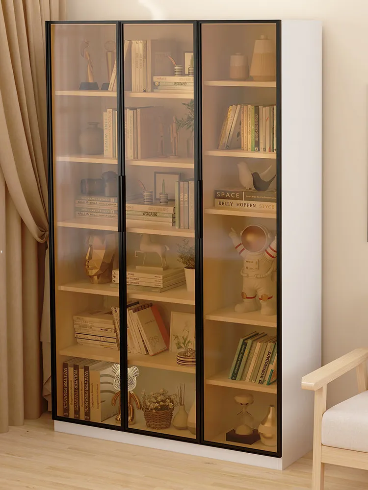 Household wrought iron dustproof bookshelf new glass bookcase with door display cabinet living room multi-layer floor-to-ceiling