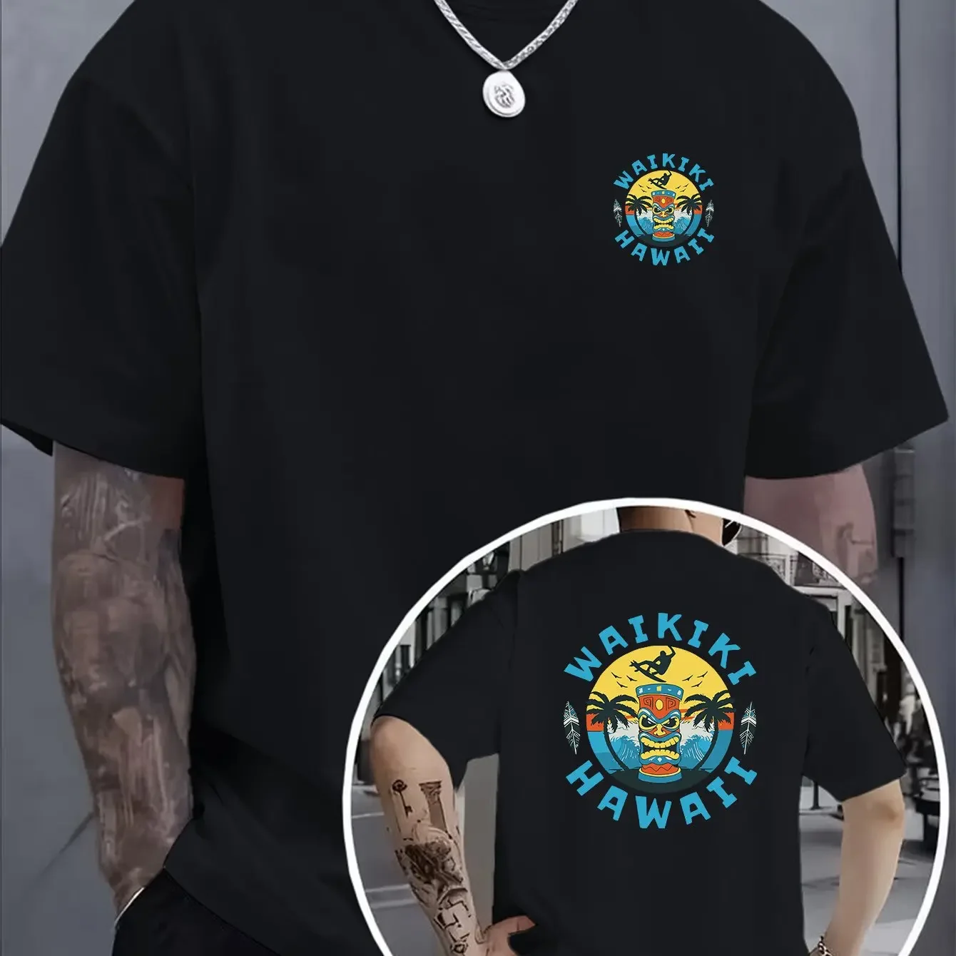 Vintage Waikiki Hawaii Vacation Souvenir Circular Tiki Mask Surfer Wave Back Print Tee Hawaiian Island Loose Fit Men Casual Tops