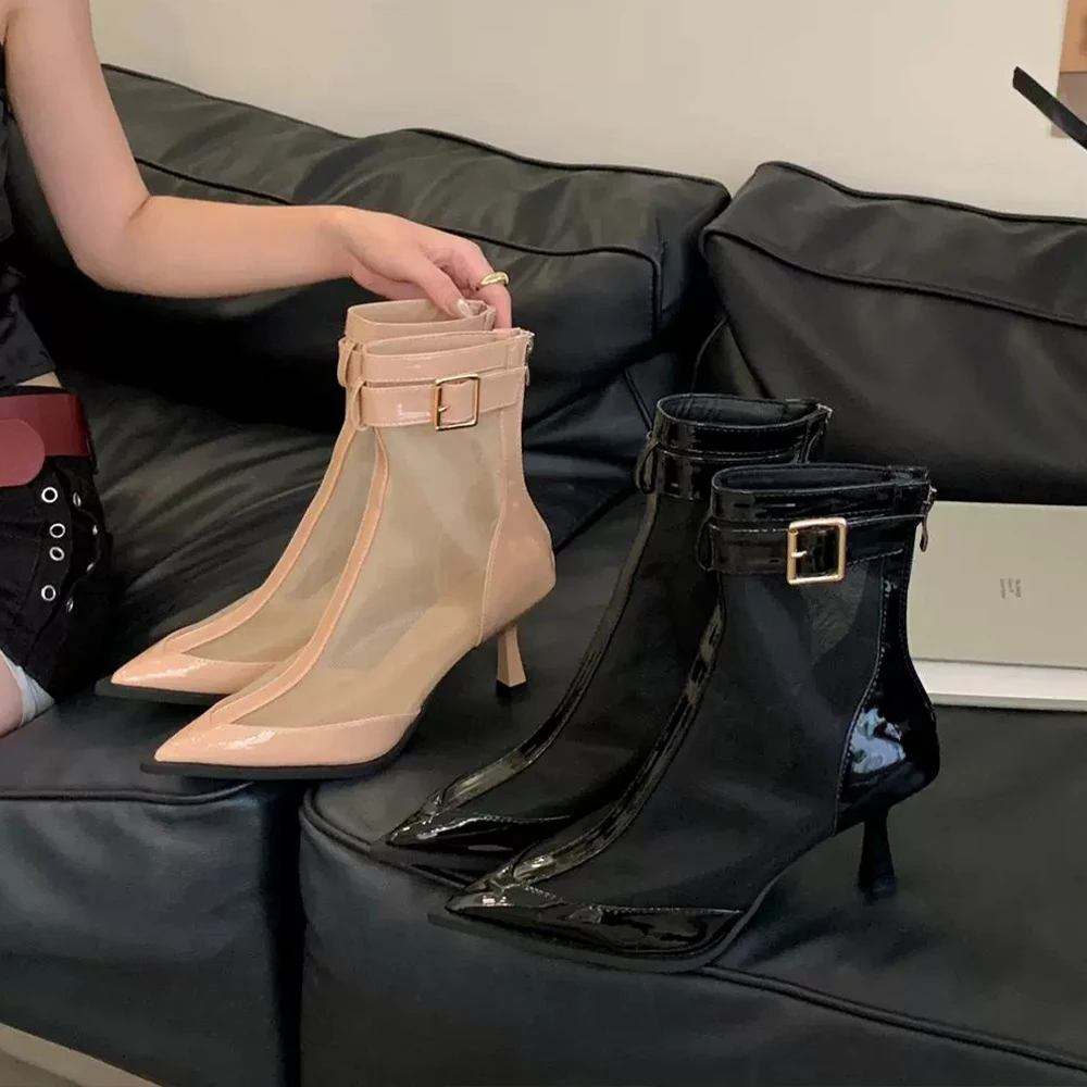 إمرأة عودة زيبر عالية الكعب مغلق أشار تو براءات الاختراع والجلود شبكة الكاحل الجوارب خنجر الكعوب أحذية الصيف لحفلة التاريخ