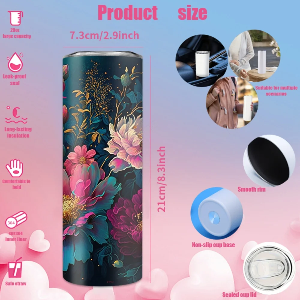 1pc 20oz straw water bottle, insulated stainless steel water cup with colorful floral art pattern. view 3