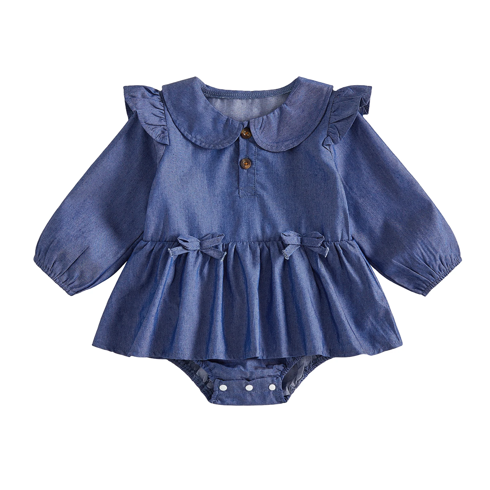 Baby Girl Denim Romper Solid Color Doll Collar Long Sleeve Fall Bodysuits