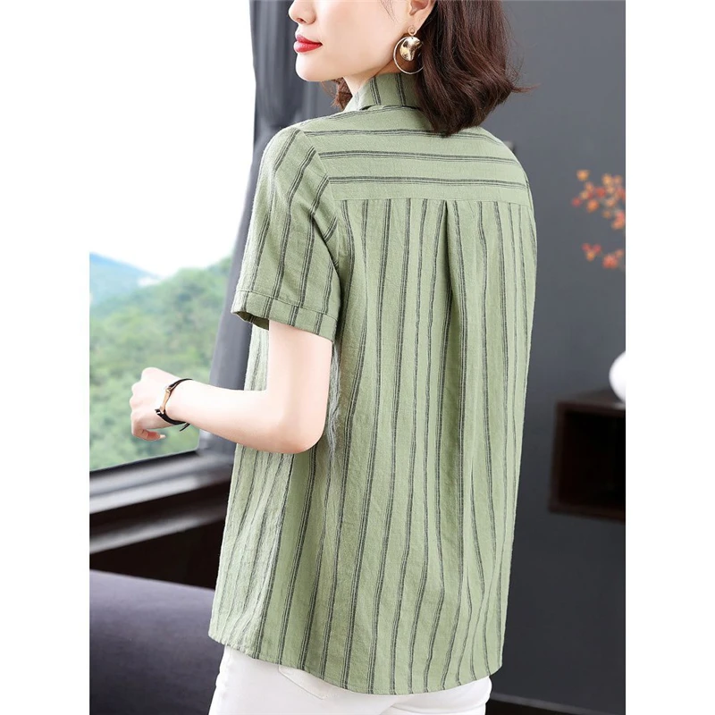 Elegant Korean Fashion Striped Print Cotton Button Up Shirts 2023 Summer Casual Simple Short Sleeve Loose Tops Blouses for Women