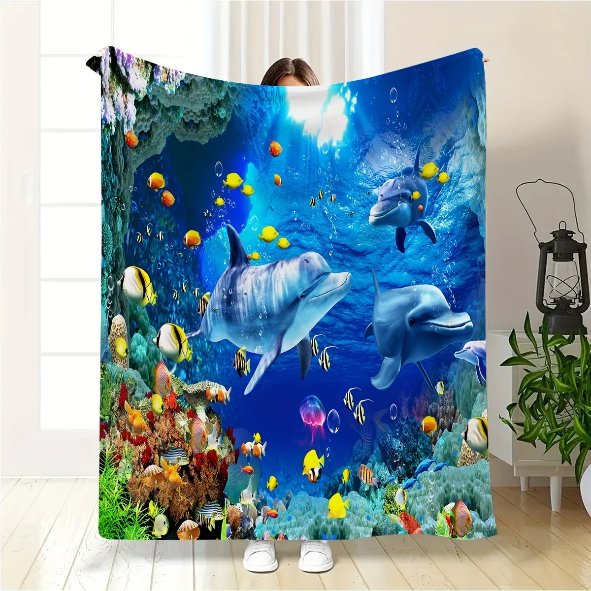 Nautical Themed Flannel Throw Blanket - Machine Washable, Digital Print Ocean Dolphins Design, Soft Warm Polyester for Sofa