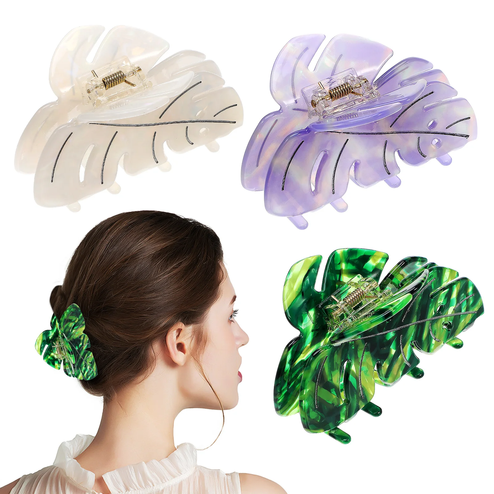 

3 pcs Leaf Claw Women, Sturdy Acetate Hair Clips Grip, Multi-Functional Jaw Clips For Thick Thin Hair, Leaf Hair