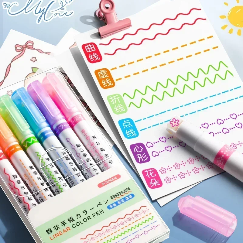 3/6Pcs Set Flower Line Shape Highlighter Pens Roller Tip Curve Line Marker Pen Student Drawing Kawaii Stationery School Supplies