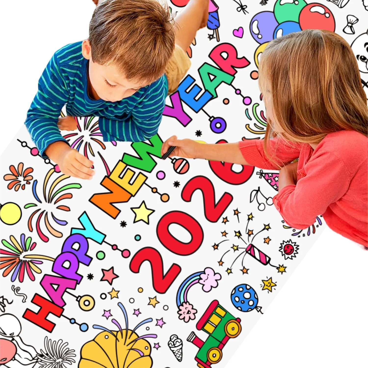 Giant Happy New Year Coloring Poster for Kids 2026 New Years Eve Giant Coloring Tablecloth Large Books Huge Sheet Page Table Cov