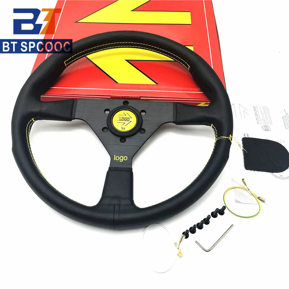 Italy v1 14inch 350mm Steering Wheel Flat Deep Dish Leather JDM Racing Sport With Horn Button With Logo