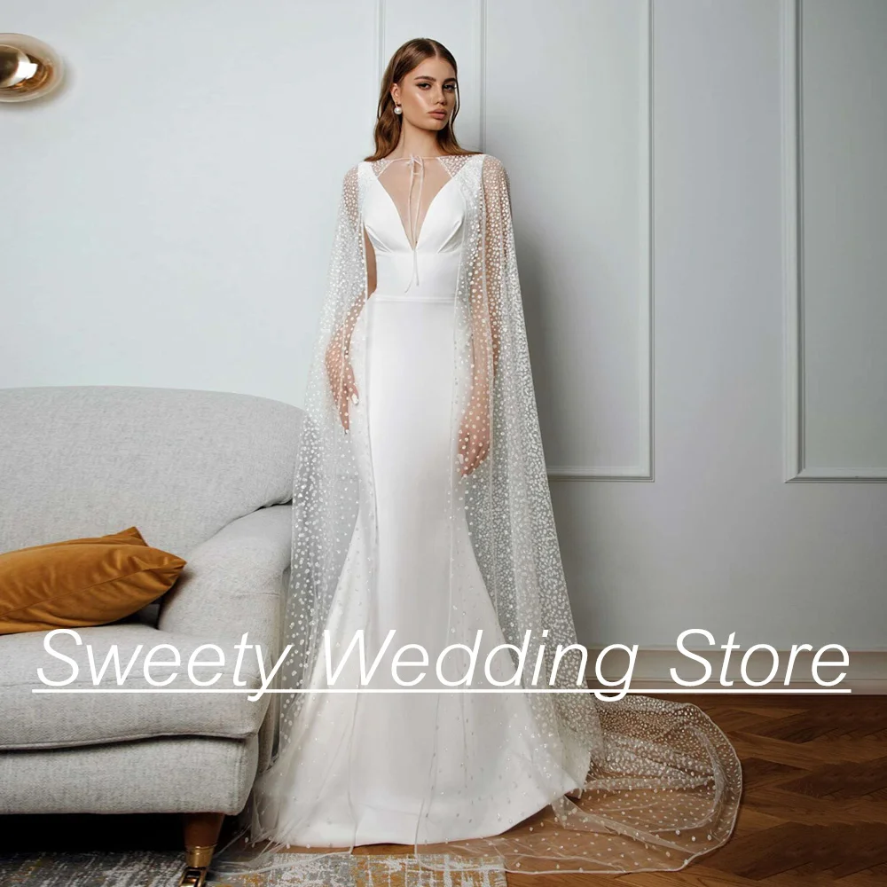 

Simple Wedding Dress Jiayigong Deep V Neck Sleeveless Sweep Train Vestidos De Novia Bride Bridal Gown with Glitter Tulle Cape