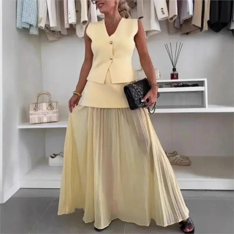

2025 New Fashion 2-piece Slim Vest Top+Tulle Patchwork Pleated Transparent Long Skirt Fashion Sets Commuter Office Ladies