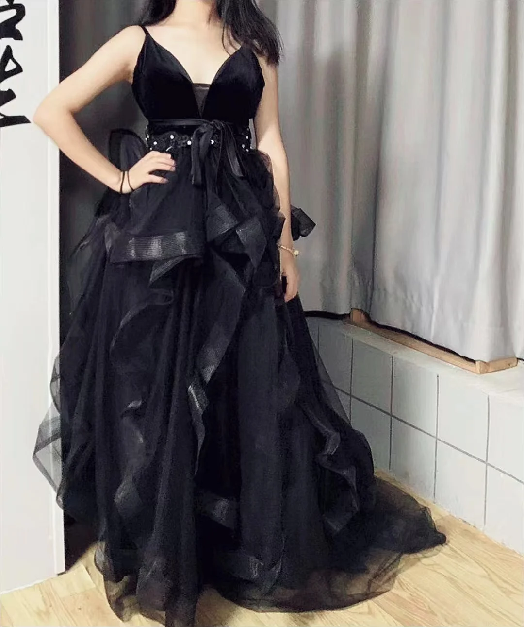 Women Elegant Party Tulle Dresses for Women Fluffy Spaghetti Strap Black Birthday Dress Long One-piece Dress Gown