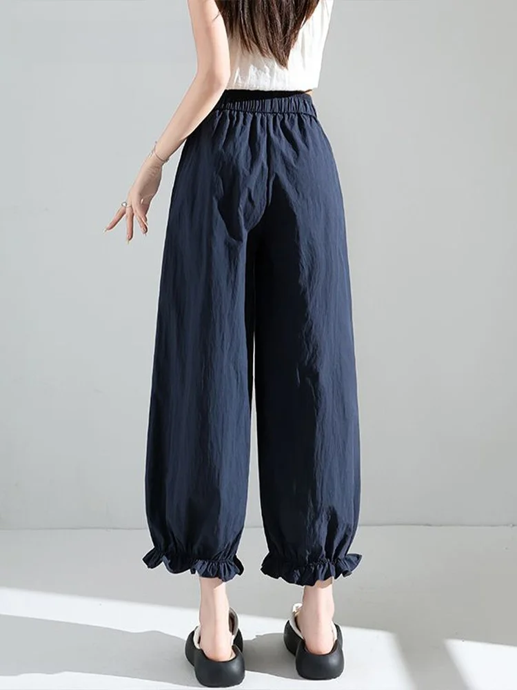 กางเกงขายาวผ้าไหมน้ำแข็งสีฟ้าลายดอกไม้สำหรับผู้หญิง ฤดูร้อน เนื้อบาง เอวสูง กระชับสัดส่วน แต่งขอบลูกไม้ ความยาวเก้าส่วน แห้งเร็ว ทรงบอลลูน...