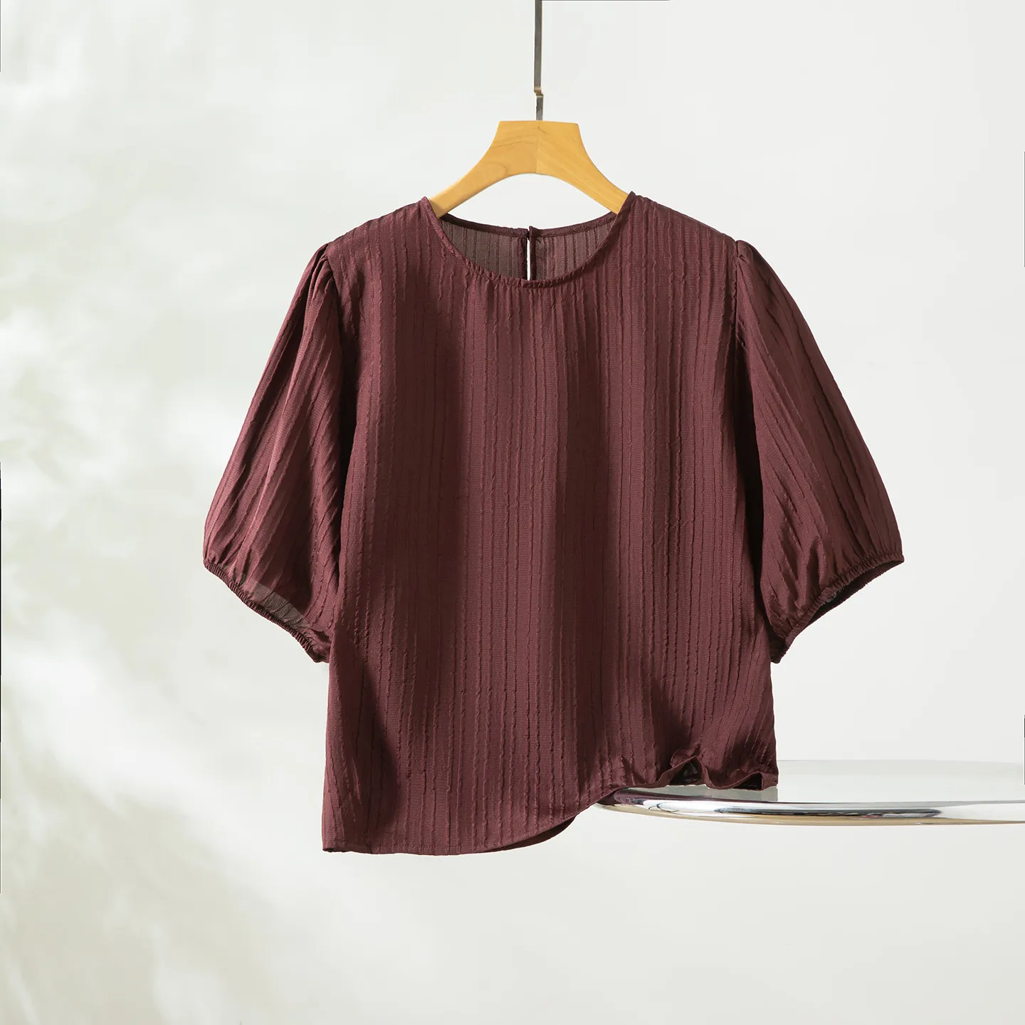 Winsleter-100%Real Silk Bubble Crepe Elegant T-Shirt, Short Sleeve Solid, Women Retro Casual Loose Top, 2026 Summer New T65738CC