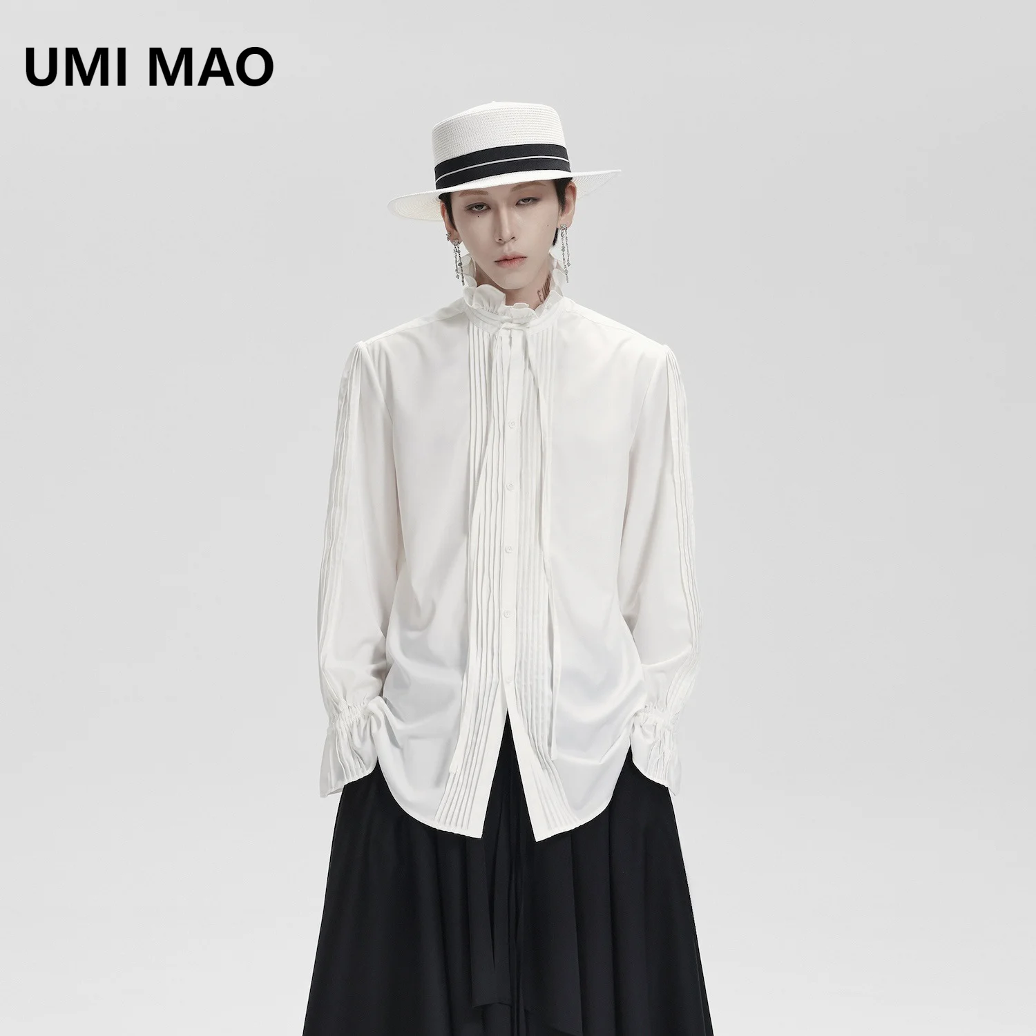 Accordion Pleated White French-style Straight-shoulder Single-breasted Wrinkle-resistant Loose Long-sleeve Shirt Designer Tops
