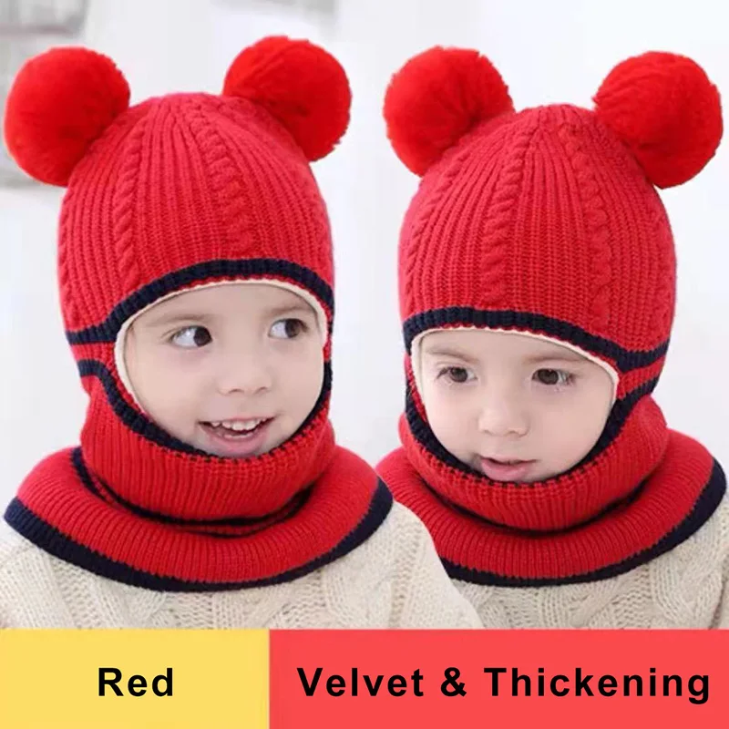 New Arrival  Winter Kids Plus Fleece Hats Thick Warm Knitted Cap For Child Outdoor Girls Boys Face Cover Hairball Bib Mask