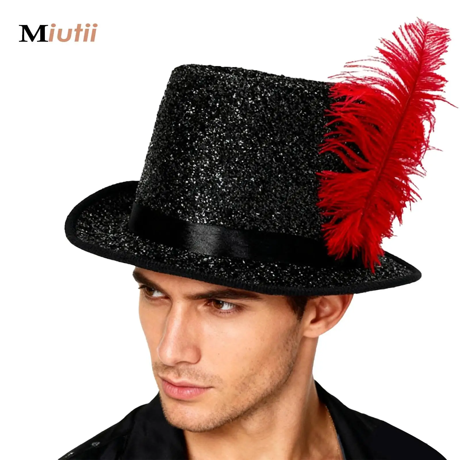 

Shiny Sequin Feathered Hat Stage Show Party Hip Hop Dance Glitter Cowboy Jazz Cap Halloween Cosplay Hat Clown Magician Headcover