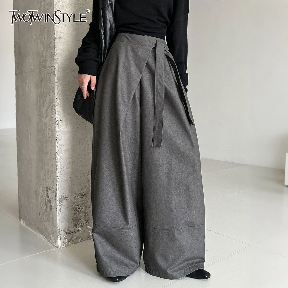 TWOTWINSTYLE Solid Spliced Bandage Casual Trousers Female High Waist Loose Normcore Women's Wide Leg Pants Autumn New Fashion