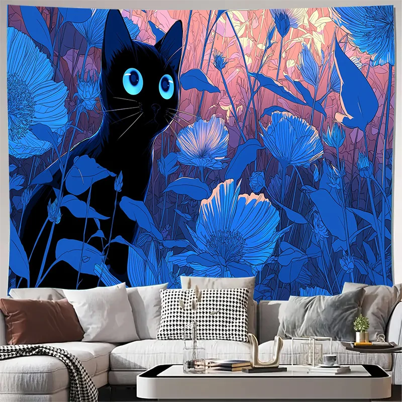 Black Cat Blue Flower Garden Wall Tapestry Machine Washable All Season Decor Art Print Kawaii Animal Design HomeElevate Space