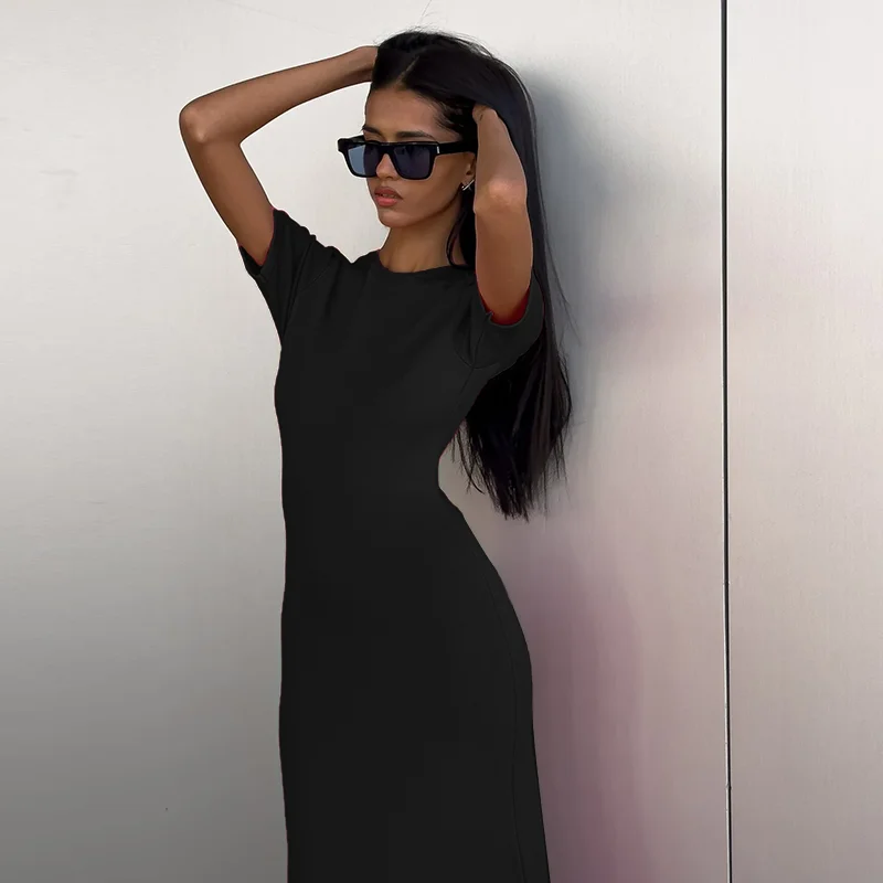 InsLucky Sexy Backless Casual Midi Dress Women Short Sleeve O Neck Bodycon Solid Dresses Elegant Office Lady Clothing Summer