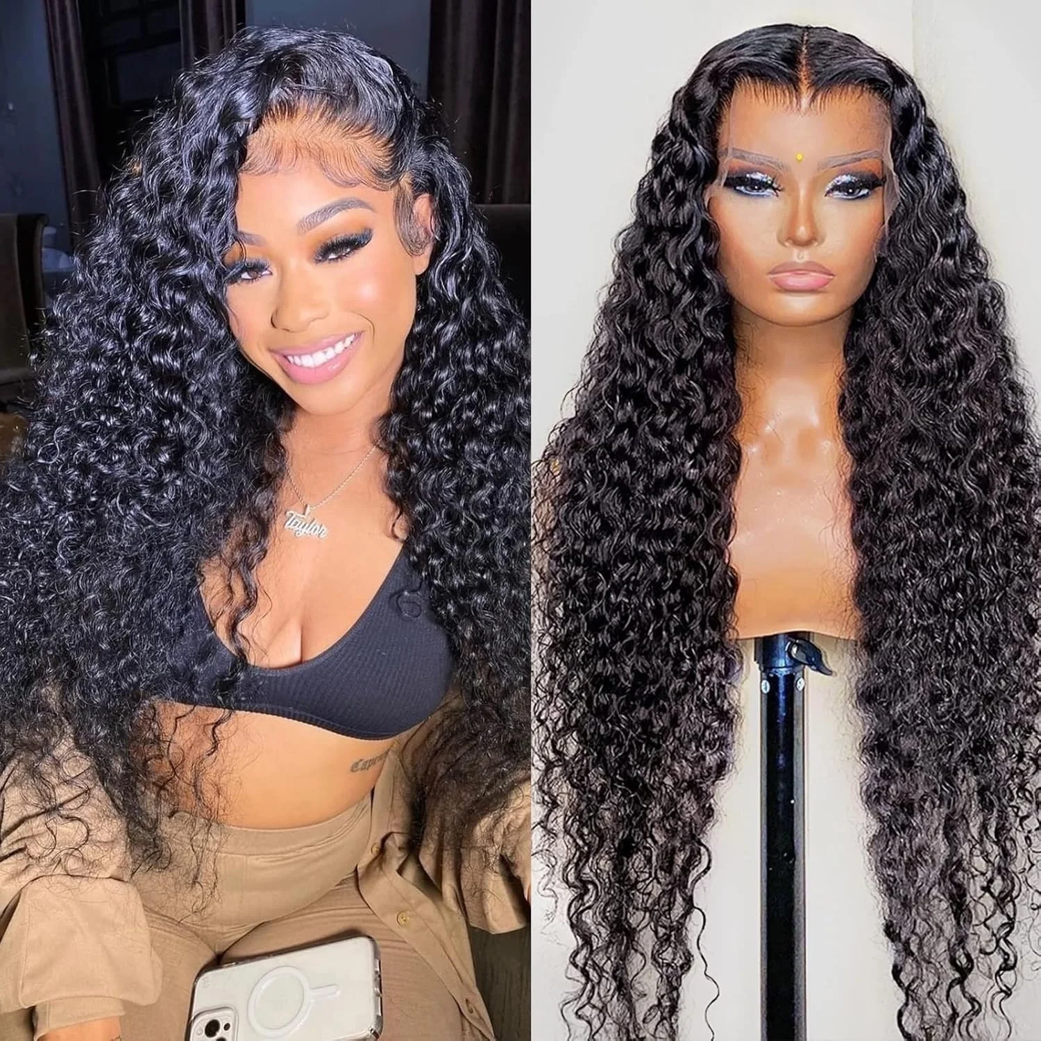 

13x4 Deep Wave Natural Color Lace Front Wigs Human Hair Transparent 220Density Curly Wig Pre Plcked Lace Frontal Wig For Women1B