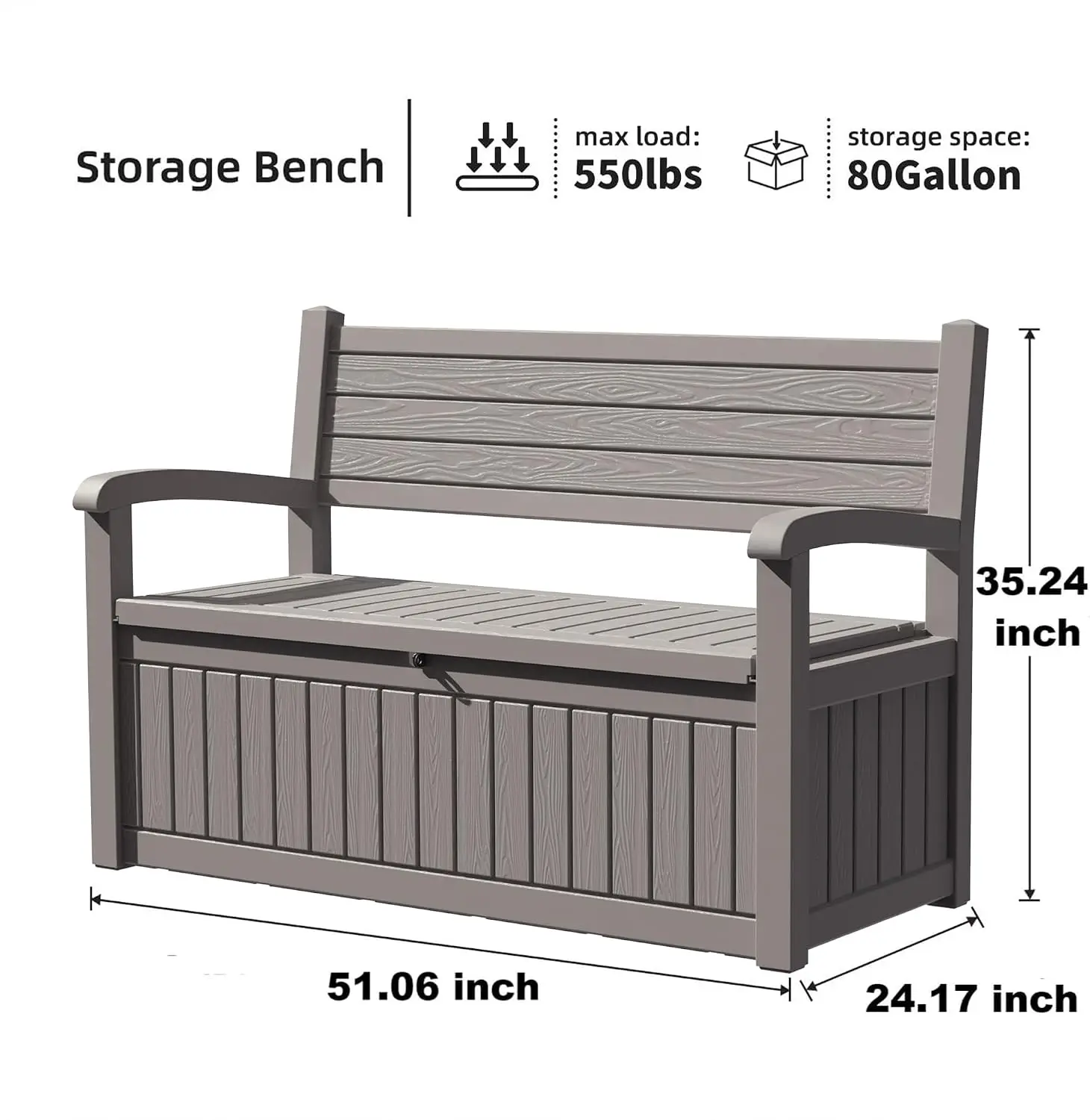 75 Gallon All-Weather Resin Outdoor Storage Bench, Lockable Deck Box with Hidden Storage, Dual-Purpose Seating Organizer for Garden Pool Patio Indoor Spaces