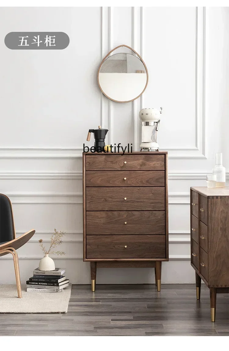 الشمال خشب متين أقدام نحاسية تسعة أدراج خزانة الجوز الأسود غرفة نوم خزانة غرفة المعيشة #5