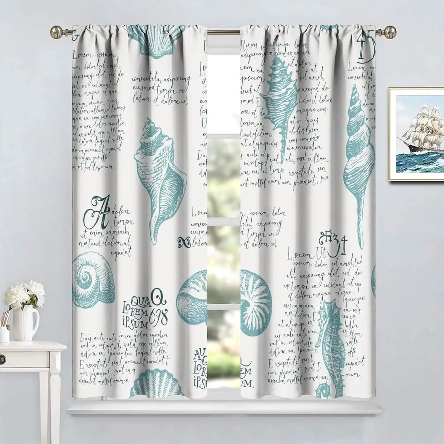 Ocean Beach Bedroom Window Curtain,Ocean Seashell Seahorse Retro Style Blackout Window Door Curtains for Bathroom Living Room
