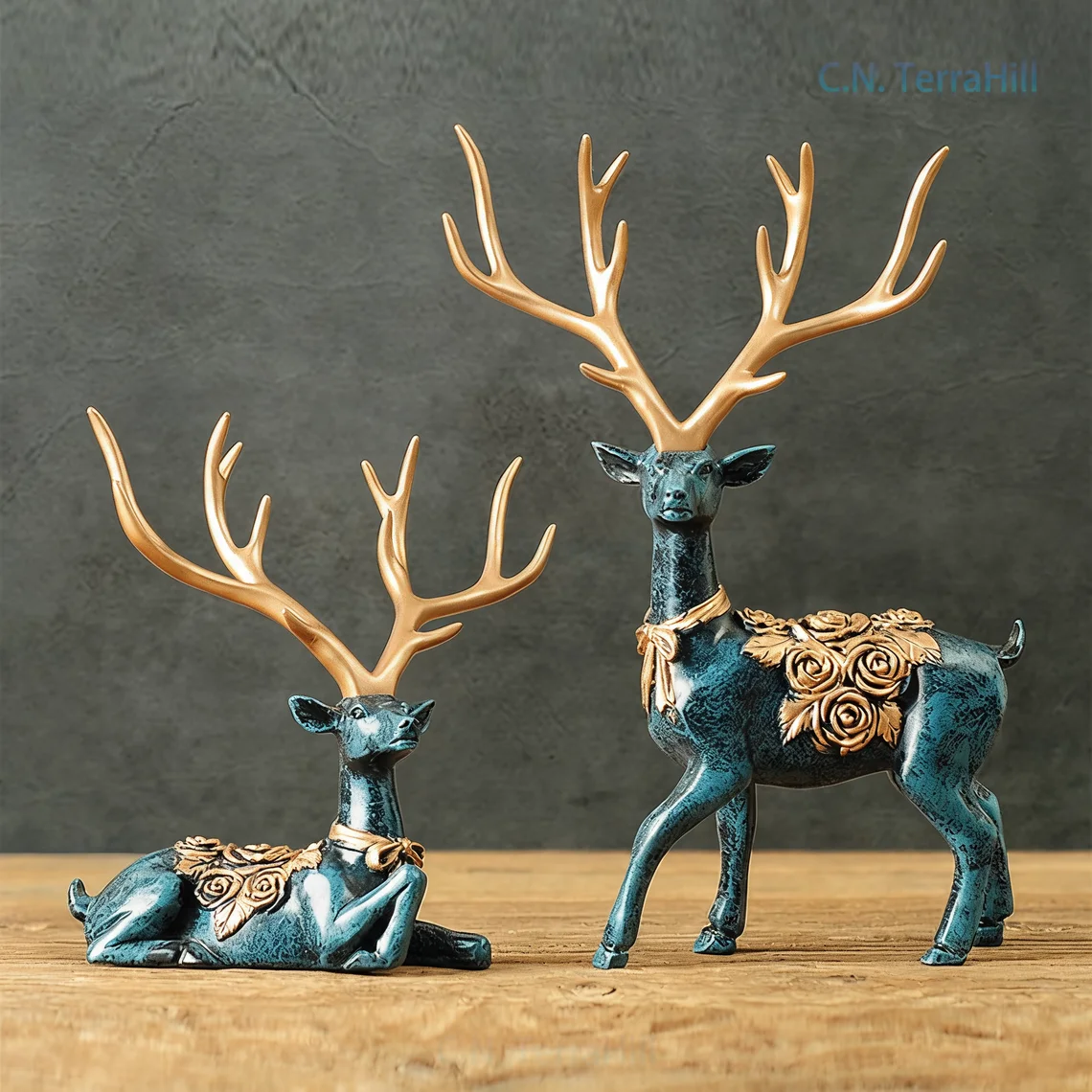 Chinese Style Elk Figurine Decor for Living Room Hallway Entryway, Traditional Wooden Craft Ornament, Home Office Shelf