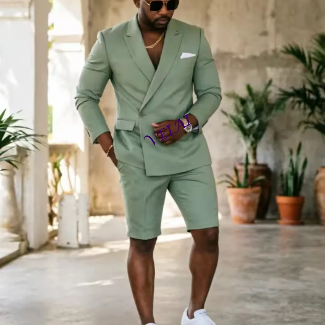 Customized Sage Green 2-Piece Men's Summer Suit Double-Breasted Lightweight Casual Short Pants Beach Vacation Daily Wear