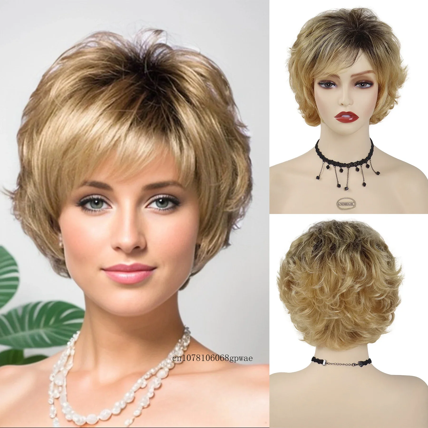 

Stylish Mommy Wig with Bangs Synthetic Curly Ombre Blonde Hair Short Wigs Daily Casual Use Cosplay Costume Party Heat Resistant