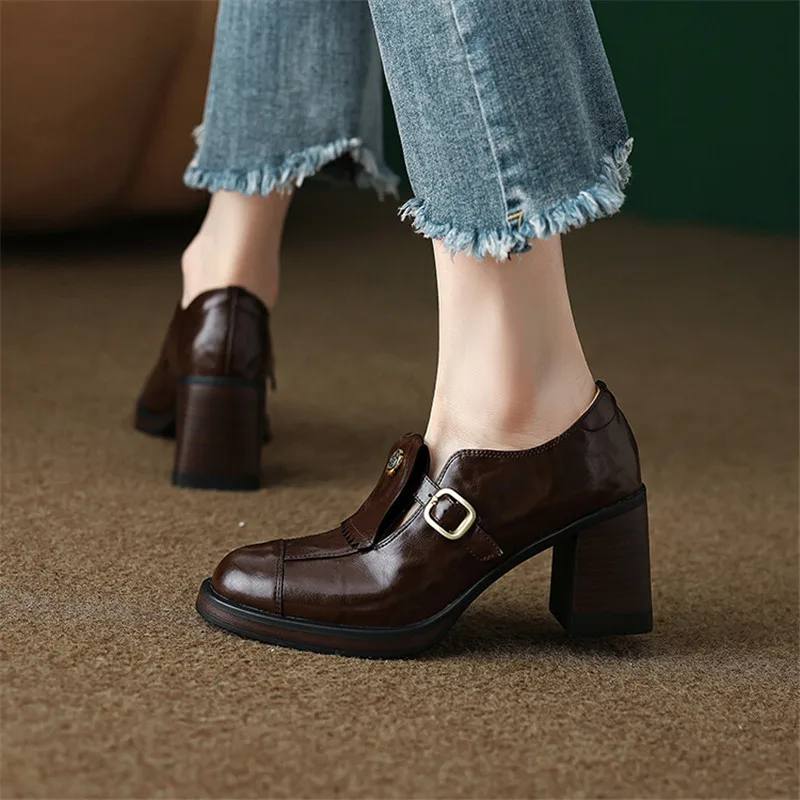 New Autumn Split Leather Women Shoes Fashion Round Toe Shoes for Women Chunky Heel Loafers High Heel Women Pumps Zapatos Mujer