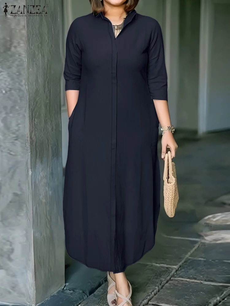ZANZEA-vestido veraniego de trabajo con solapa para mujer, vestido camisero de moda de otoño 2025, Vestidos OL lisos elegantes, bata Midi informal con botones