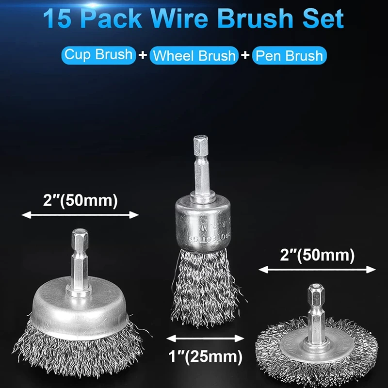 15 Pack Wheel Brush, Cup Brush, Pen Brush Set Carbon Steel Wire Set Steel For Rust Removal, Corrosion And Scrub Surfaces