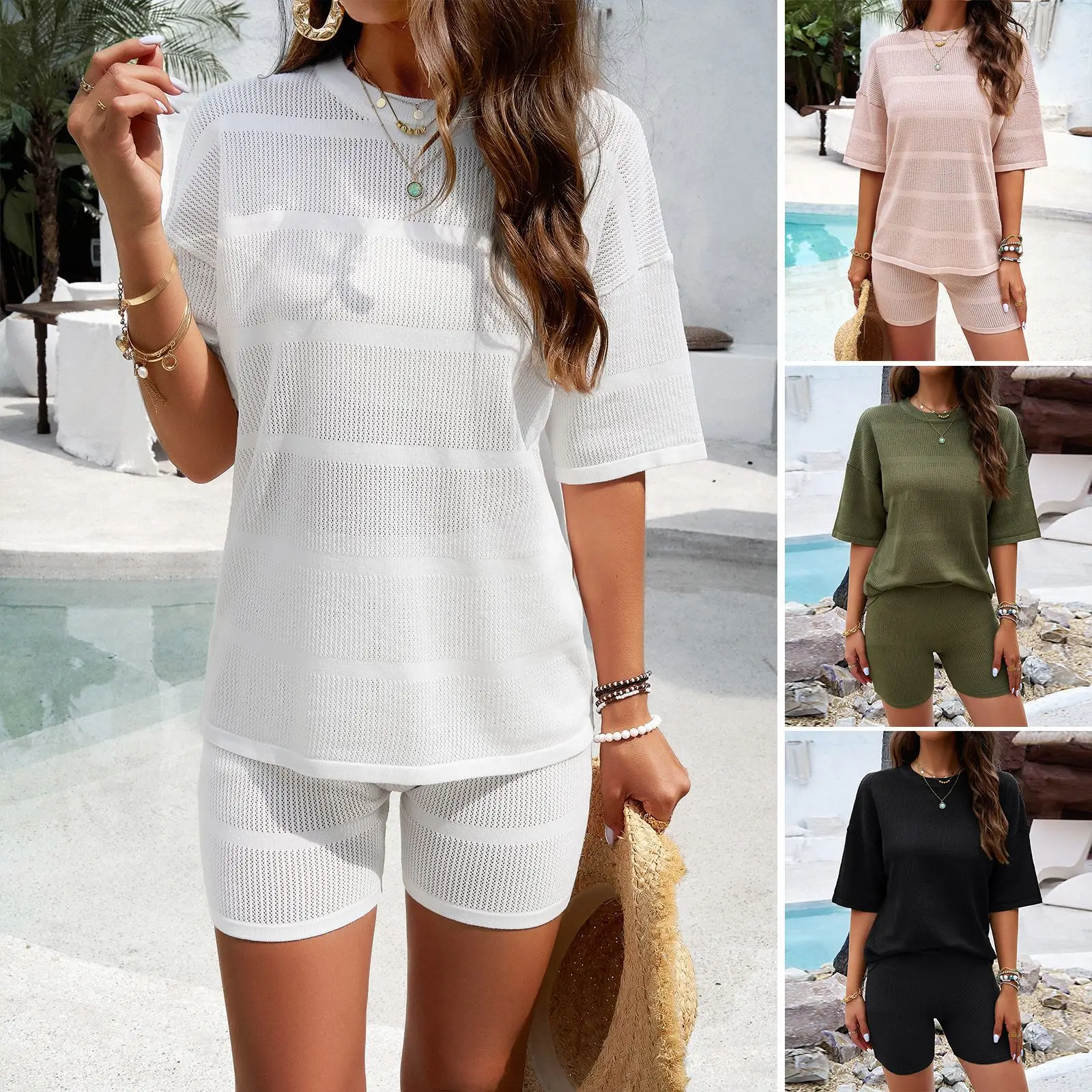 

Women's Clothing 2025 Spring and Summer Casual Solid Color Short-sleeved Sweater Set Sexy Two Piece Set Women