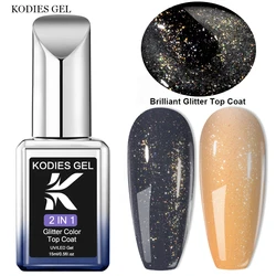 KODIES GEL Brilliant Glitter Top Coat Gel Nail Polish 2 IN 1 Shimmer Gold Gel Finish Cover No Sticky All for Manicure Nails Art