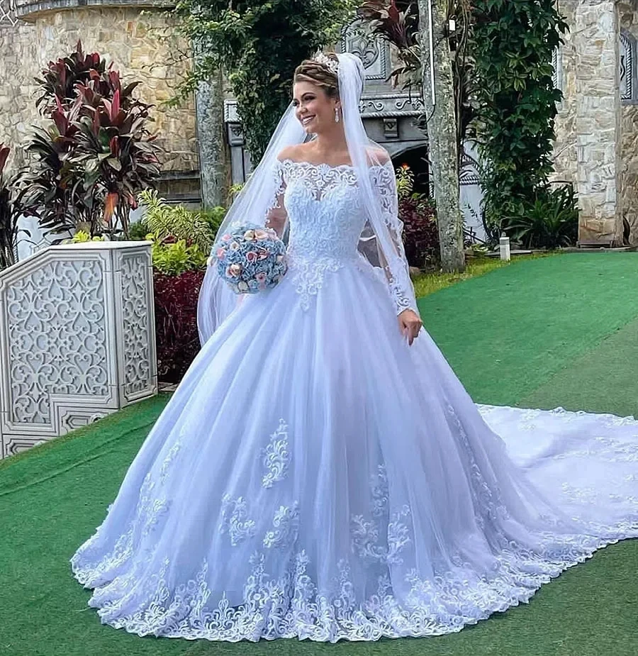 Nuevo vestido De novia para iglesia 2026 cuello barco mangas largas apliques De encaje tul Vestidos De novia formales Vestidos De novia