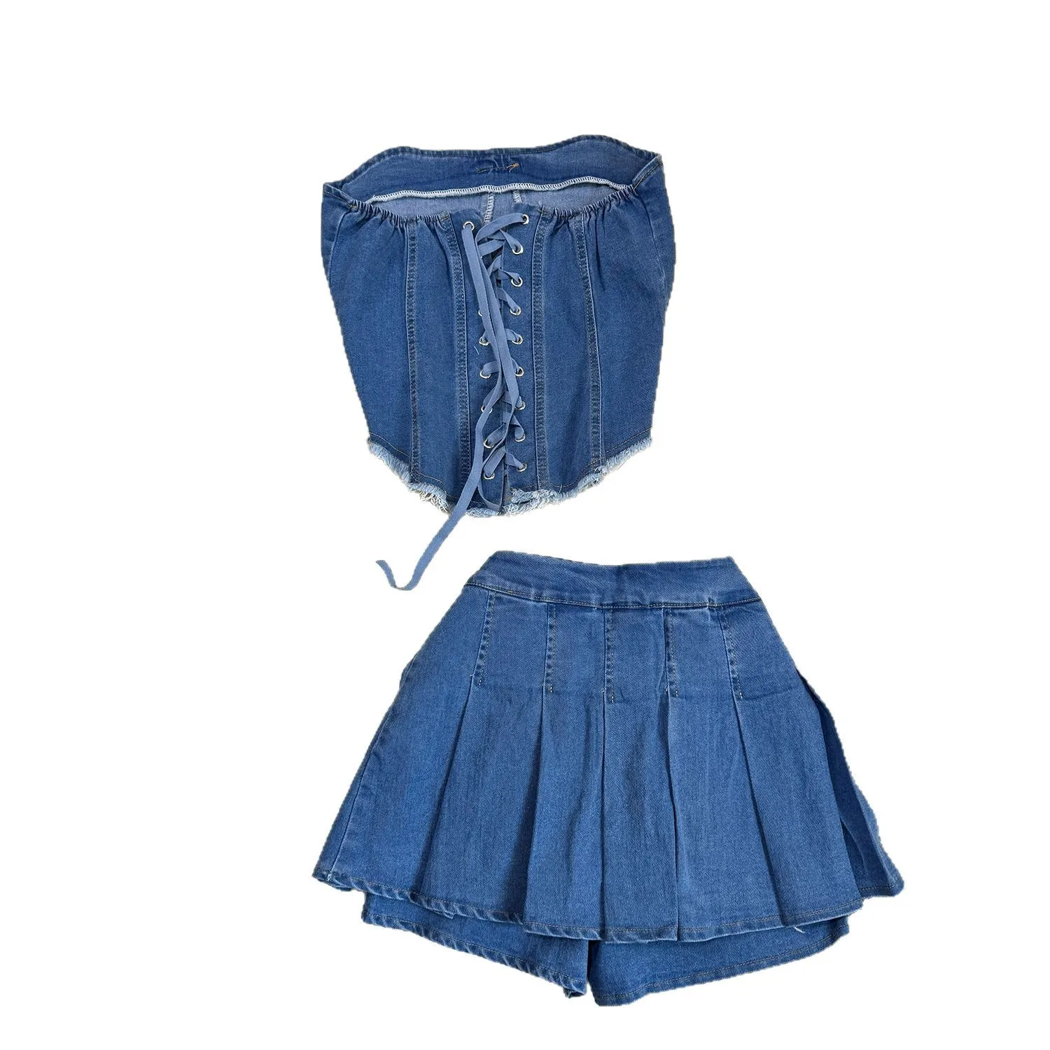 Top in denim con bordo sottile e cinturino superiore a tubo Pure Desire alla moda estiva + gonna con pantaloni a pieghe da donna