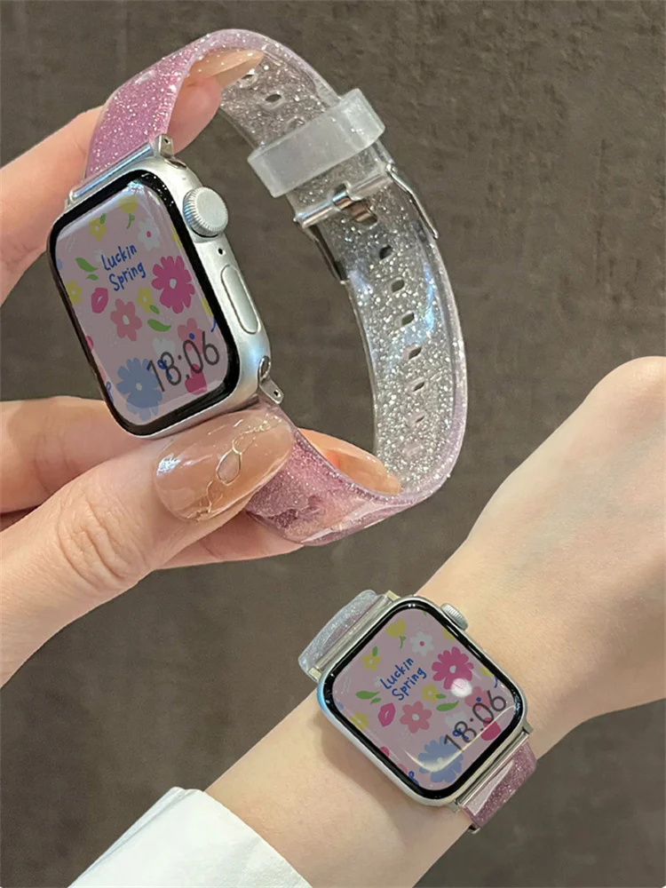 Glitter Clear Sports Soft Silicone Strap For Apple Watch Band Ultra2 49 41 45 40 44mm 42 For iwatch Series 8 7 SE 6 Correa Band