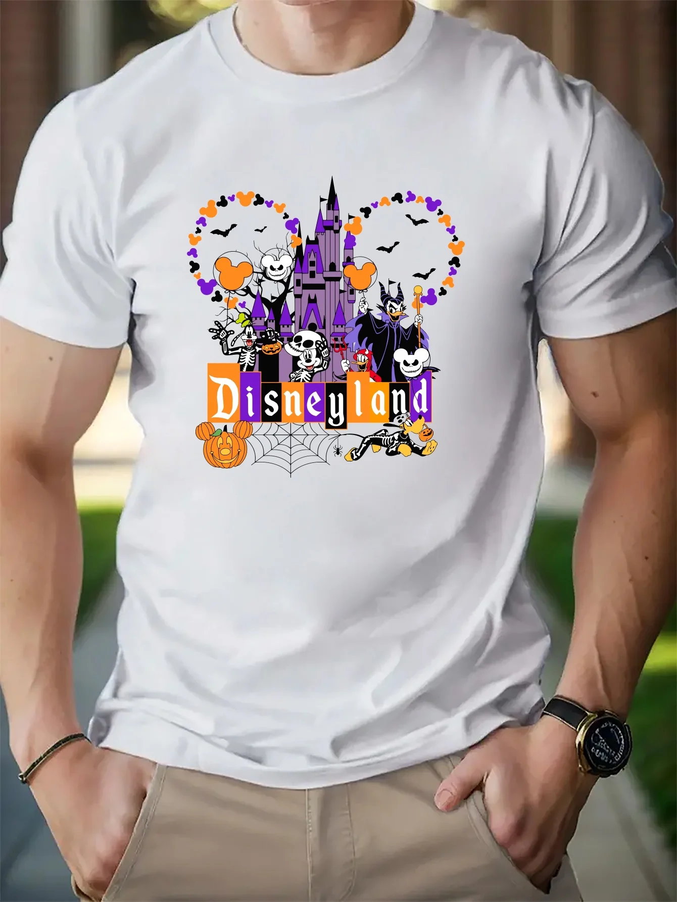 Tshirt Disney Men\'s Casual Cartoon Halloween Castle Print Regular Fit Knitted Short Sleeve Slight Stretch Crew Neck T-shirt