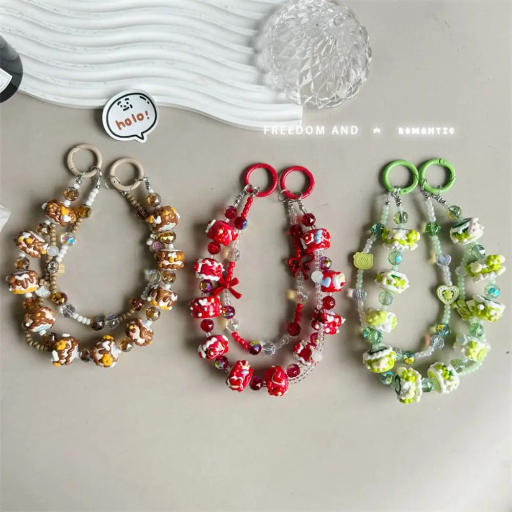 New Cream Mobile Phone Strap Double Chain Bowknot Phone Lanyard Hand-painted Beaded Phone Charm Rope