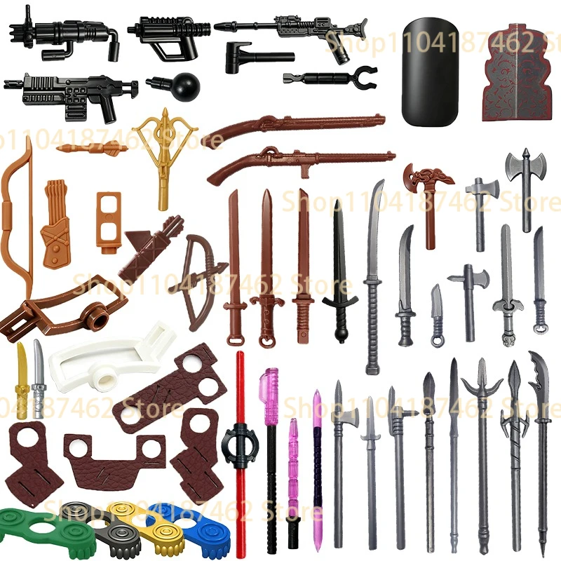 Figurines militaires MOC, accessoires de soldats, blocs de construction, personnages de films, armes, fusil, lance, flèche, épée, mini briques DIY, jouets H28