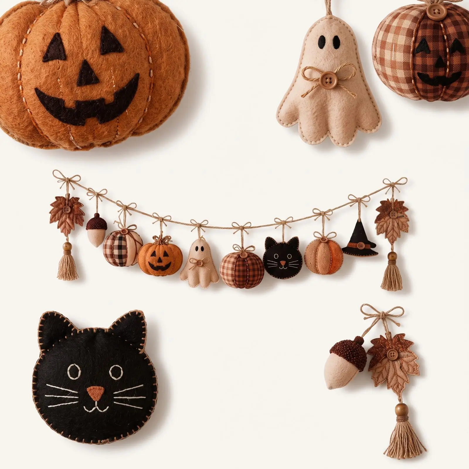Fall Thanksgiving Halloween Plush Fabric Banner Garland with Pumpkin, Maple Leaf and Cat Ornaments for Mantel and Wall