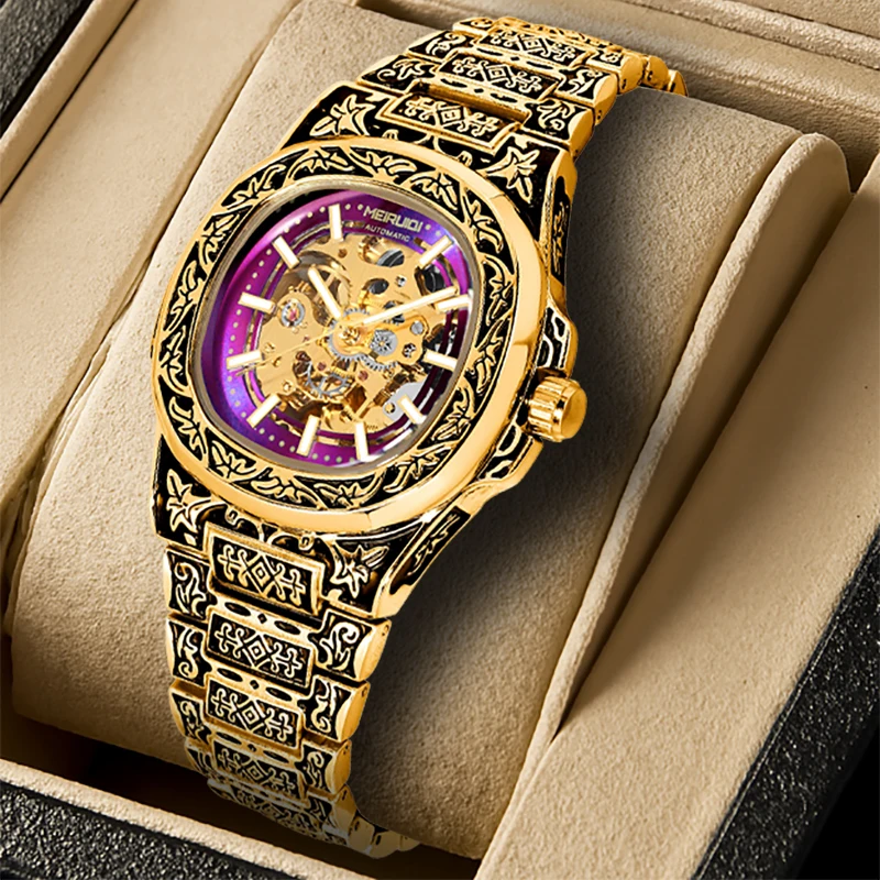 

Мужские механические часы желто-фиолетового цвета, великолепного дизайна, квадратной формы, полностью автоматические, с прецизионной гравировкой узоров.