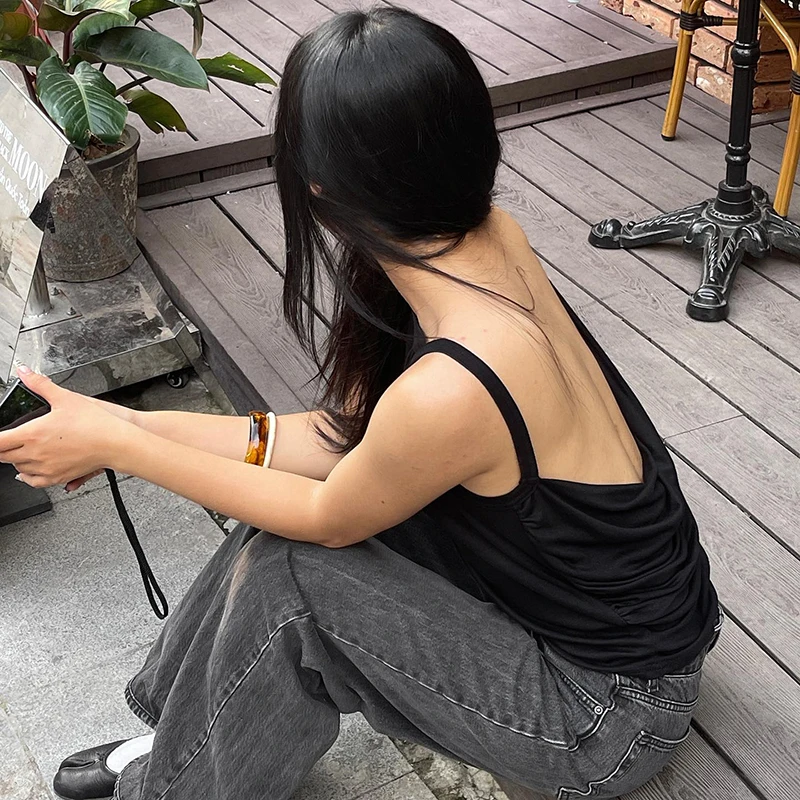 CUTENOVA, novedad de verano, ropa Sexy con espalda descubierta para mujer, chaleco plisado con cuello oblicuo y espalda descubierta para mujer, camiseta sin mangas sencilla informal Y2K para mujer